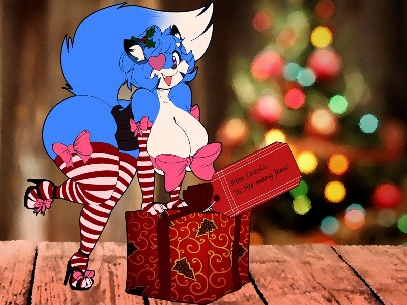 anthro arm_support armwear belly bent_leg big_breasts big_butt biped blue_body blue_fur blue_hair bokeh bow_(feature) bow_armwear bow_elbow_gloves bow_gloves bow_handwear bow_in_front bow_legwear bow_thigh_highs box breast_bow breasts butt christmas_present cleavage clothed clothing clothing_bow container curvy_figure elbow_gloves extended_arms eye_patch eyelashes eyewear feet female footwear forward_arm_support fur gift gift_bow gift_box gloves hair handwear happy heart_eye_patch heart_symbol high_heels holidays holly_(plant) huge_breasts huge_butt legwear midriff multicolored_body multicolored_fur navel nude pink_bow pink_eyes plant platform_footwear pole public public_nudity raised_foot rear_view shoes slightly_chubby solo standing straight_leg stripes thick_thighs thigh_highs thong toes twin_bows twin_clothing_bows underwear voluptuous white_body white_fur wide_hips dracojeff christmas lazuli_(doggod.va) canid canine fox mammal 2018 4:3