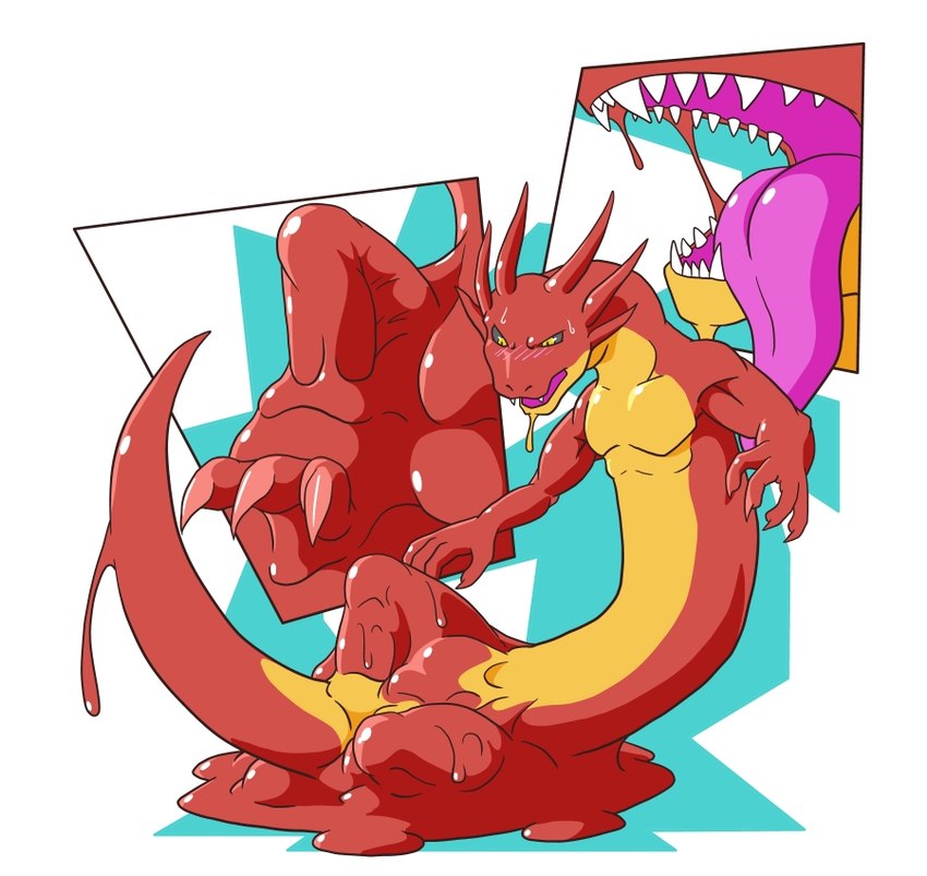 anthro athletic blush featureless_crotch goo_transformation horn long_body male red_body solo tail transformation lizardman_(artist) mythology dragon goo_creature humanoid mythological_creature mythological_scalie scalie sequence