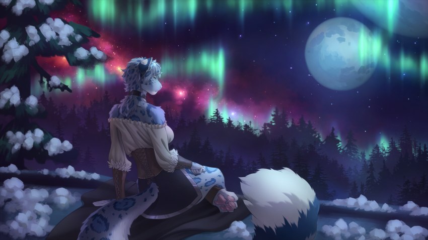 4_toes 5_fingers anthro armor aurora_(phenomenon) blue_eyes blue_hair blue_spots bottomwear breasts choker clothed clothing corset feet female female_anthro fingers forest fur grey_body grey_fur hair jewelry leaning_on_hand legwear lingerie markings moon multiple_moons nature nebula necklace night outside pawpads plant rear_view shirt sitting sitting_on_ground skirt sky snow solo spots spotted_body spotted_fur star starry_sky tail toes topwear tree underbust_corset vambrace white_body white_fur maritola microsoft the_elder_scrolls m'ria_(maks_hunt) felid khajiit mammal pantherine snow_leopard 2025 digital_media_(artwork) hi_res