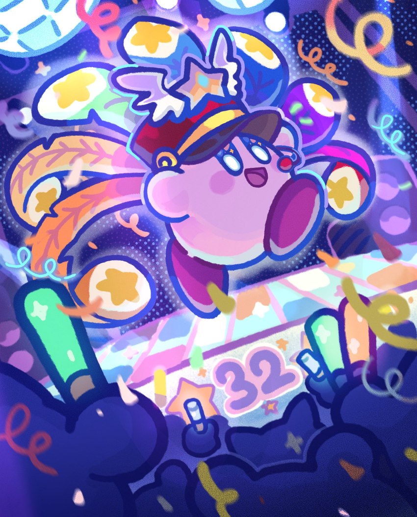 ambiguous_gender celebration clothing confetti dutch_angle feathers glowstick group hat headgear headwear open_mouth open_smile pink_body smile stage star leaf_kaabii kirby's_anniversary kirby_(series) nintendo festival_kirby kirby alien waddle_dee waddling_head 2024 colored digital_drawing_(artwork) digital_media_(artwork) halftone hi_res