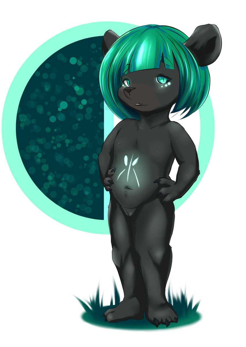 anthro black_body black_fur claws facial_markings female flat_chested fur genitals grass green_eyes green_hair hair head_markings markings nipples nude plant pose pussy simple_background solo standing young young_anthro mylen bear mammal 2020 hi_res model_sheet