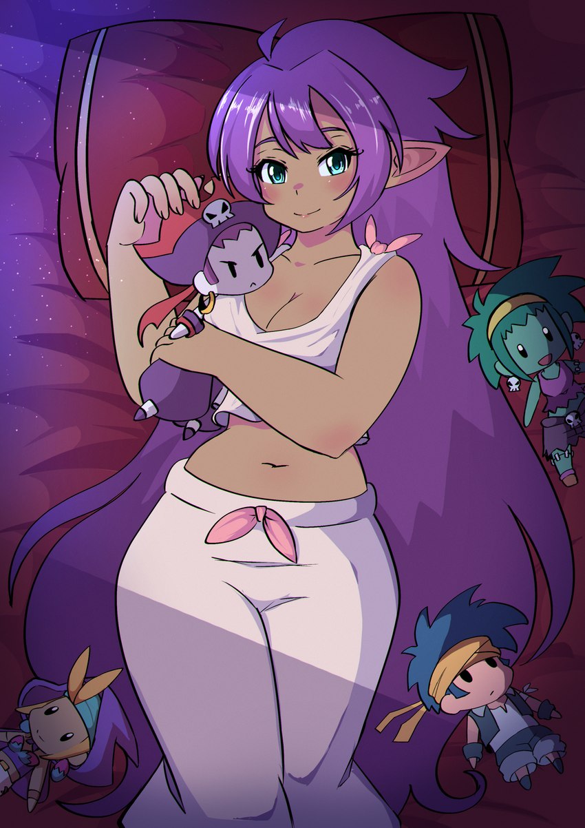 bed blue_eyes breasts brown_body brown_skin cleavage clothed clothing ear_piercing ear_ring female furniture hair humanoid_pointy_ears long_hair midriff navel not_furry pajamas piercing pillow plushie pointy_ears purple_hair ring_piercing smile solo thick_thighs wide_hips ninelean shantae_(series) wayforward bolo_(shantae) risky_boots rottytops shantae sky_(shantae) genie humanoid 2020 hi_res