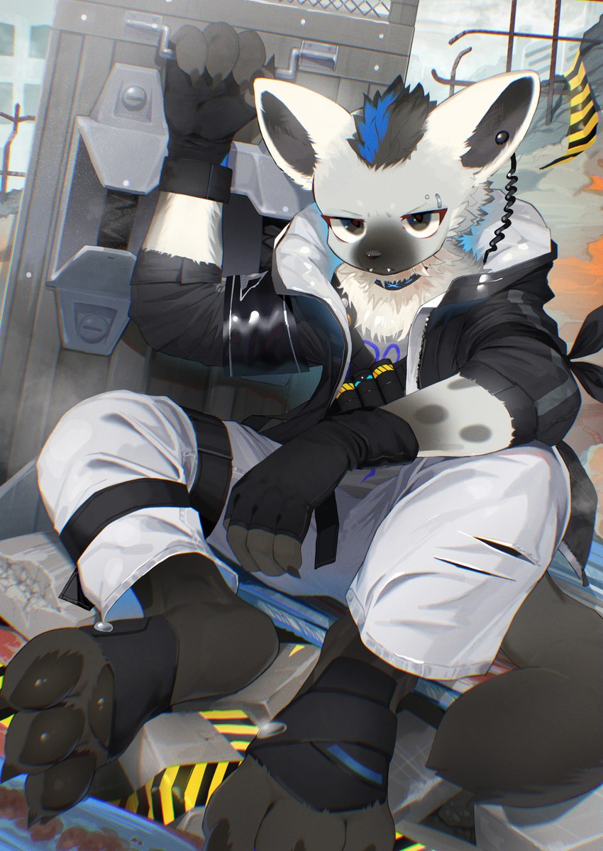 3_toes 4_fingers anthro bandolier black_body black_fur black_hair blue_hair bottomwear claws clothing collar ear_piercing eyebrow_piercing facial_piercing feet fingerless_gloves fingers fur gloves grey_body grey_fur hair handwear jacket male markings multicolored_hair pants pawpads piercing riot_shield shield shirt sitting solo spots spotted_body spotted_fur toe_claws toes topwear two_tone_hair white_bottomwear white_clothing white_pants eipon_tarou arknights hypergryph studio_montagne spot_(arknights) hyena mammal spotted_hyena 2022 absurd_res hi_res