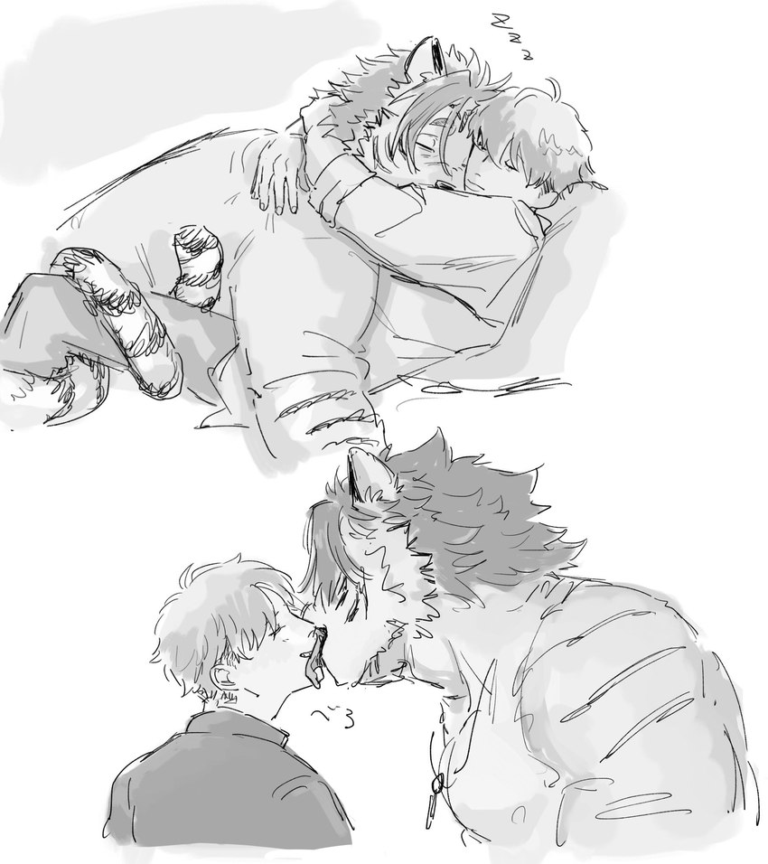 anthro cuddling duo hair hug human_on_anthro interspecies jewelry kissing male male/male muscular muscular_anthro muscular_male necklace nipples xgvr6 lifewonders tokyo_afterschool_summoners nomad_(tas) protagonist_(tas) twink_protagonist_(tas) felid human mammal pantherine tiger hi_res monochrome sketch