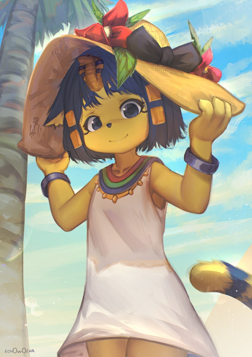 anthro black_bow blue_eyes blue_hair blue_markings blue_stripes bracelet clothing detailed_background dress female flat_chested flower fur hair hat hat_bow headgear headwear holding_clothing holding_hat holding_headgear holding_headwear holding_object jewelry leaf looking_at_viewer markings palm_tree plant pyramid red_flower sky smile smiling_at_viewer solo straw_hat striped_markings striped_tail stripes tail tail_markings tree white_clothing white_dress yellow_body yellow_fur echowocha animal_crossing nintendo ankha_(animal_crossing) domestic_cat felid feline felis mammal absurd_res artist_name colored colored_line_art digital_media_(artwork) digital_painting_(artwork) hi_res shaded signature