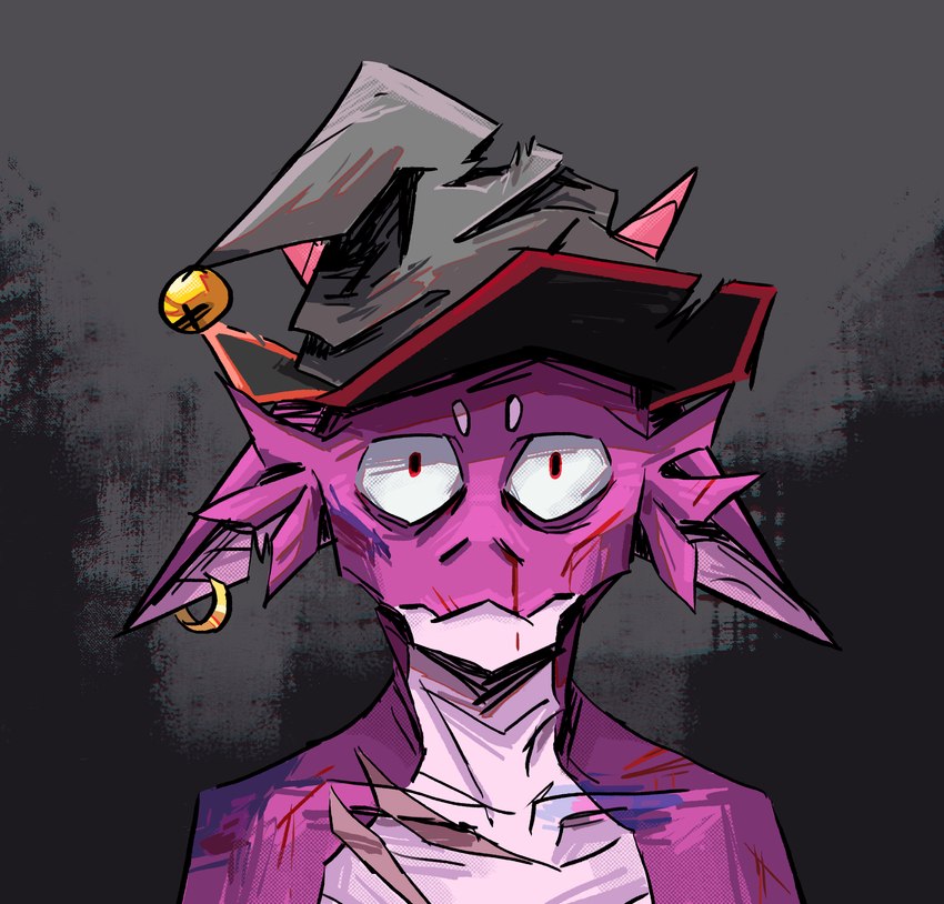 anthro bell blood bodily_fluids bruised bruised_face clothing ear_piercing ears_down eye_bags eyebrows frill_(anatomy) grey_background hat head_crest head_frill headgear headwear horn male multicolored_body nosebleed notched_ear orange_horn piercing pivoted_ears purple_body purple_scales red_eyes scales scar scratches simple_background slim_male solo thousand_yard_stare torn_clothing torn_headwear traumatized two_tone_body white_eyebrows witch_hat sleepymuzzle marines_call_it_that_2000_yard_stare fuzzysmore_(character) kobold scalie hi_res shaded