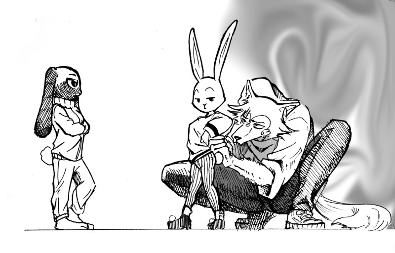 anthro athletic bodily_fluids breasts clothed clothing female group hiding humor larger_male male simple_background size_difference sweat cronch_potato beastars haru_(beastars) kyuu_(beastars) legoshi_(beastars) canid canine canis domestic_rabbit dwarf_rabbit lagomorph leporid lop_rabbit mammal netherland_dwarf_rabbit oryctolagus rabbit wolf greyscale hi_res monochrome