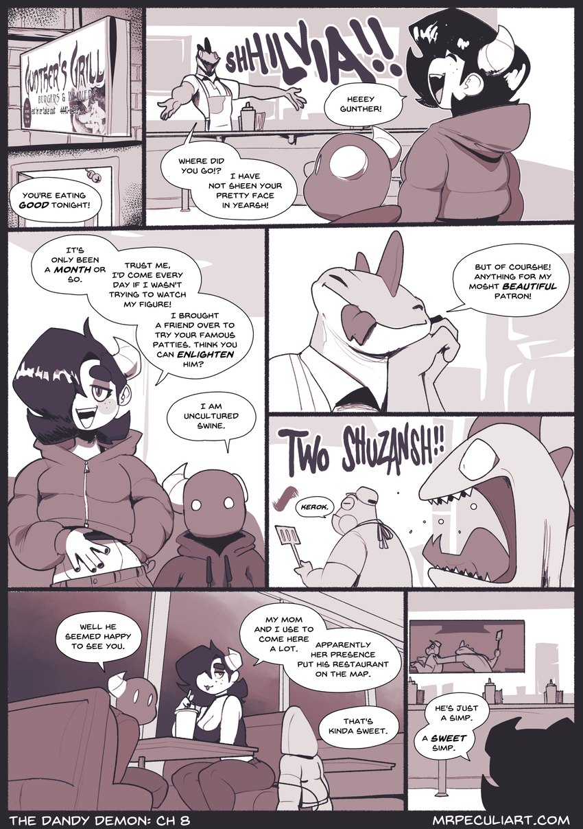 anthro breasts clothing cooking dialogue female freckles group hair hair_over_eye hoodie horn humor male restaurant text tongue tongue_out topwear yelling_at_another peculiart caesar_(peculiart) silvia_(peculiart) amphibian devilchild faceless_(species) frog lizard monster reptile scalie absurd_res comic english_text hi_res monochrome