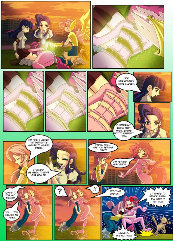 alternate_species clothed clothing costume dialogue female hair healing hug humanized multicolored_hair purple_hair text two_tone_hair mauroz friendship_is_magic hasbro my_little_pony fluttershy_(mlp) pinkie_pie_(mlp) rarity_(mlp) twilight_sparkle_(mlp) domestic_cat felid feline felis human mammal comic english_text hi_res