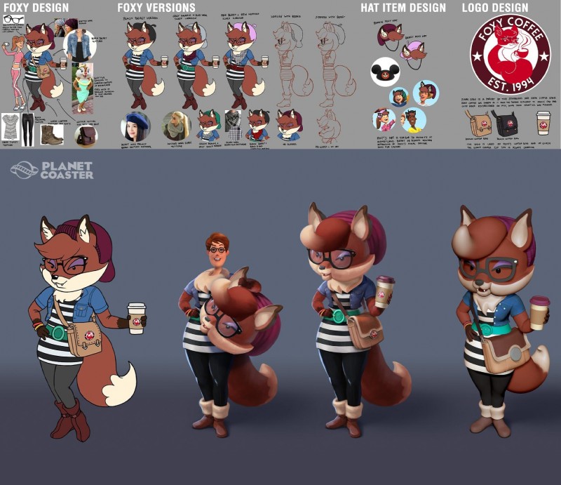 anthro beverage clothed clothing coffee costume eyewear fangs female fox_costume fursuit glasses hat headgear headwear mascot_suit purse side_view solo teeth unknown_artist planet_coaster foxy_(planet_coaster) canid canine fox human mammal concept_art hi_res model_sheet official_art