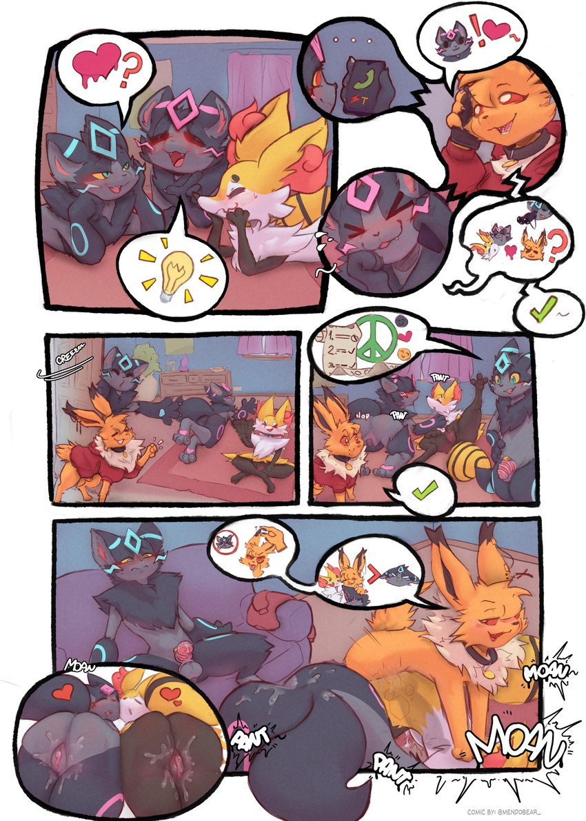 anthro blush cellphone chastity_cage chastity_device collar cuckold electronics female feral group hearts_around_head male male/female onomatopoeia phone sound_effects text mendobear nintendo pokemon kiyoko_(beebraix) maddy_(braixeolu) tarma umber_(braixeolu) braixen eeveelution generation_1_pokemon generation_6_pokemon generation_7_pokemon jolteon legendary_pokemon pokemon_(species) zeraora absurd_res comic hi_res pictographics