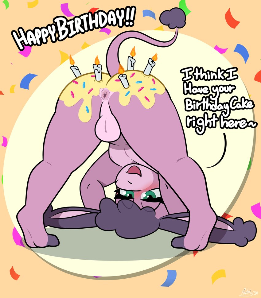 anthro anus balls big_butt birthday blush butt butt_focus candle dessert eyelashes femboy food genitals hair huge_butt humanoid_genitalia icing long_ears looking_at_viewer looking_back male nipples open_mouth pink_body presenting presenting_hindquarters rear_view simple_background smile solo sprinkles tail text thick_thighs upside_down wide_hips ratify winny_(baebot) asinus donkey equid equine mammal absurd_res digital_media_(artwork) english_text hi_res