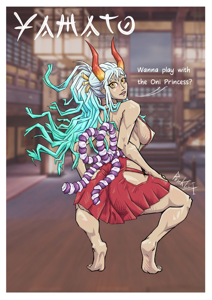 border butt clothed clothing female japan looking_at_viewer looking_back nipple_outline piece plant princess rear_view royalty samurai solo text warrior white_border zoan pricklyx asian_mythology east_asian_mythology japanese_mythology mythology one_piece yamato_(one_piece) demon humanoid mammal oni yokai absurd_res english_text hi_res