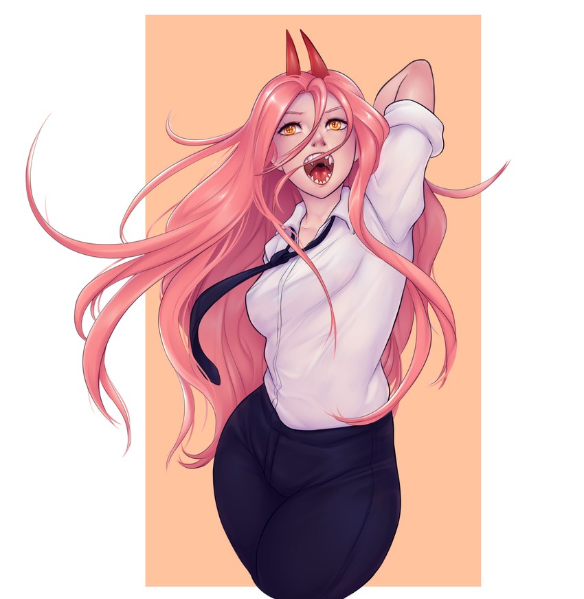 clothed clothing eyebrows eyelashes female hair horn not_furry open_mouth pink_hair solo teeth tongue monian chainsaw_man power_(chainsaw_man) demon fiend_(chainsaw_man) humanoid 2021 absurd_res digital_media_(artwork) hi_res