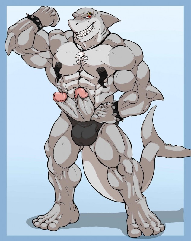 2_penises 4_toes abs anthro athletic balls biceps big_muscles big_penis biped black_nipples blue_background bone bracelet bulge clothed clothing digitigrade diphallism erection eyebrow_piercing facial_piercing fangs feet flexing genitals gills glans grey_body grey_penis grey_skin grin horizontal_diphallism humanoid_genitalia humanoid_penis jewelry looking_at_viewer male markings multi_genitalia multi_penis muscular muscular_anthro muscular_male necklace nipples paws pecs penis penis_poking_out piercing pose presenting red_eyes simple_background skull smile solo speedo spikes standing swimwear tail tattoo teeth toes topless underwear vein wristband arody markshark fish great_white_shark mackerel_shark marine shark white_shark 2013 hi_res