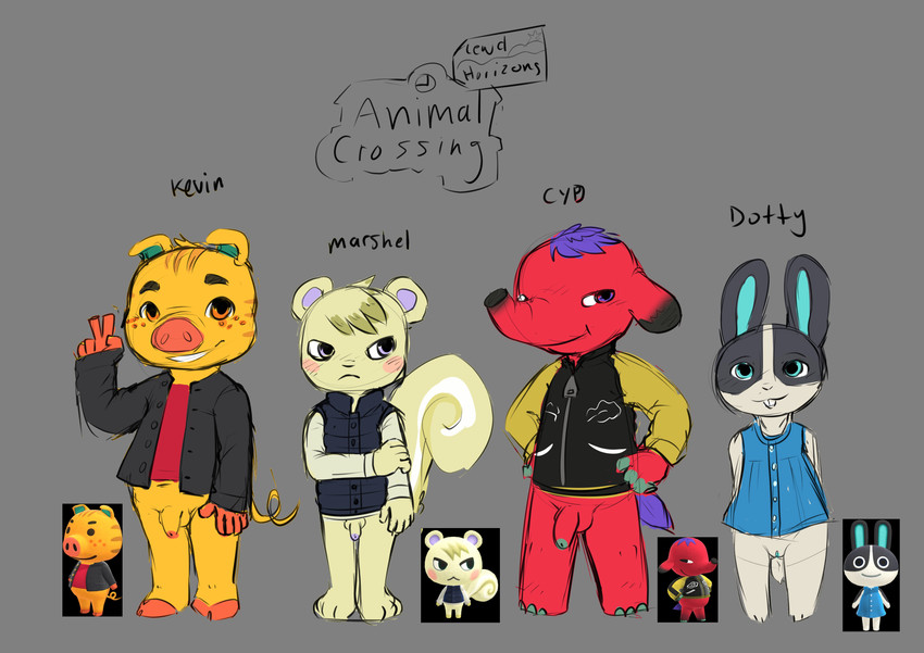 anthro bottomless casual_nudity clothed clothing female flaccid genitals gesture glans group hand_gesture looking_at_viewer male narrowed_eyes penis pussy smile standing v_sign young young_anthro young_female young_male lylejones animal_crossing nintendo cyd_(animal_crossing) dotty_(animal_crossing) kevin_(animal_crossing) marshal_(animal_crossing) elephantid lagomorph mammal proboscidean rodent sciurid suina absurd_res hi_res