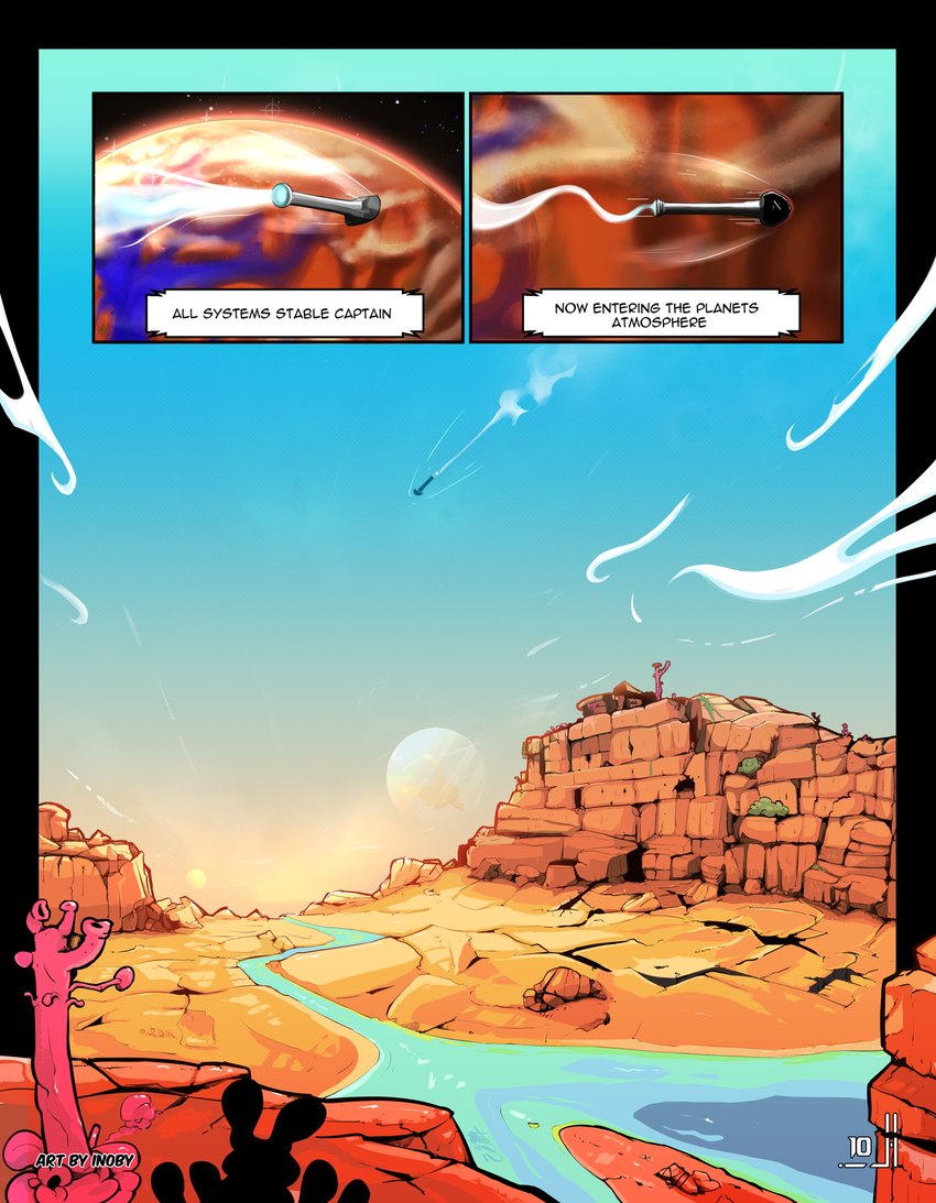 alien_planet creek dialogue mountain planet sand sky space spacecraft speech_bubble text vehicle water zero_pictured inoby spacebunz 2024 artist_name comic english_text hi_res