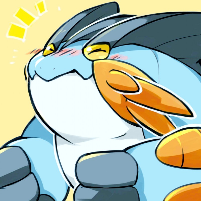 ^_^ ambiguous_gender blue_body blush eyes_closed fin happy multicolored_body multicolored_skin simple_background smile solo two_tone_body two_tone_skin white_body yellow_background yellow_sclera jia nintendo pokemon amphibian generation_6_pokemon mega_evolution mega_swampert pokemon_(species) 1:1