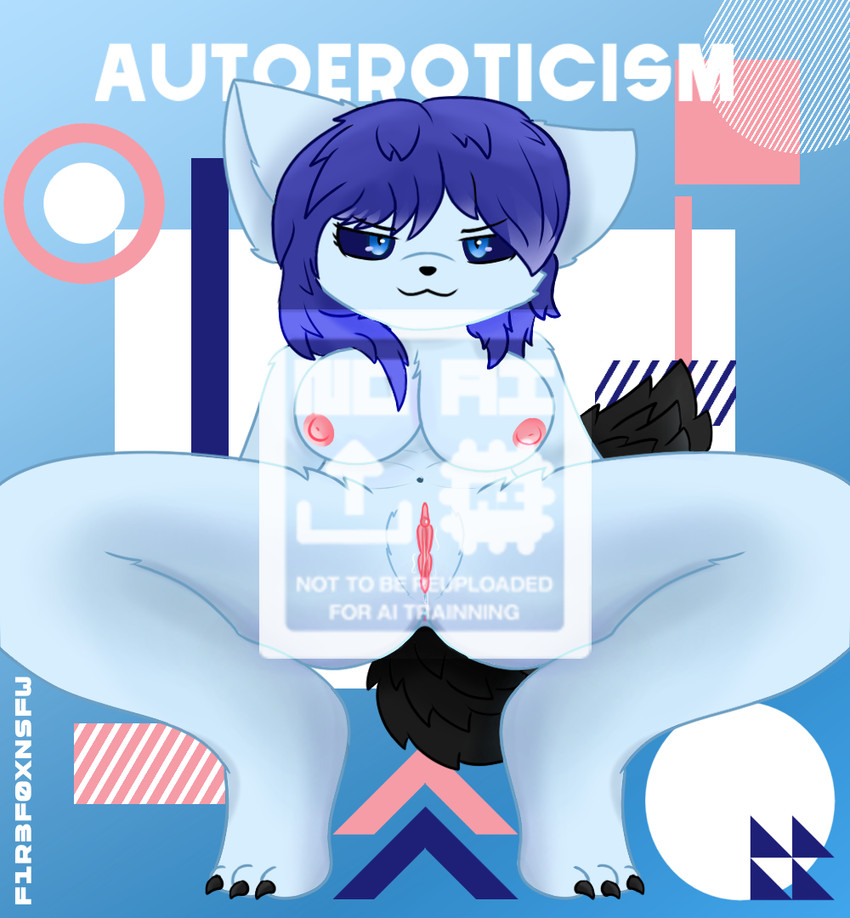 anthro autoeroticism bent_legs black_tail blue_body blue_eyes blue_hair bold_minimalism female genitals gift hair hands_behind_back kemono minimalism pose shaded_background smug smug_grin solo spread_legs spreading tail vulva f1r3f0xnsfw tala_(huujh) canid canine canis mammal wolf 2026 digital_drawing_(artwork) digital_media_(artwork) shaded shaded_line_art watermark
