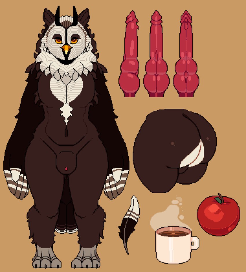 anthro apple balls beak big_butt brown_body brown_feathers butt container cup feathers food fruit genitals horn knot male mug multi_genitalia multi_knot nude orange_eyes penis plant red_penis small_body solo white_body white_feathers mertvykhcrows avian bird owl hi_res