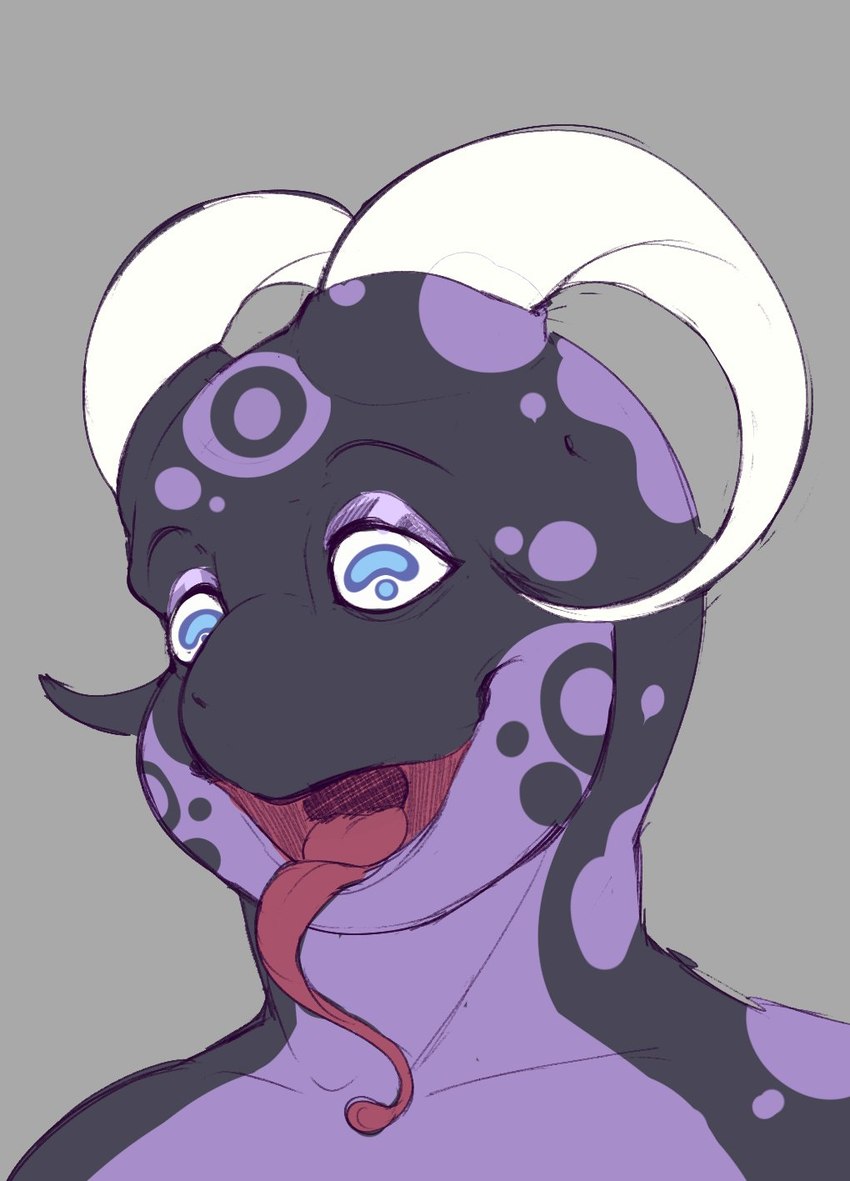 2_horns anthro biped black_body blue_eyes curved_horn horn long_tongue male open_mouth purple_body solo tongue koofdragon amphibian frog 2024 hi_res