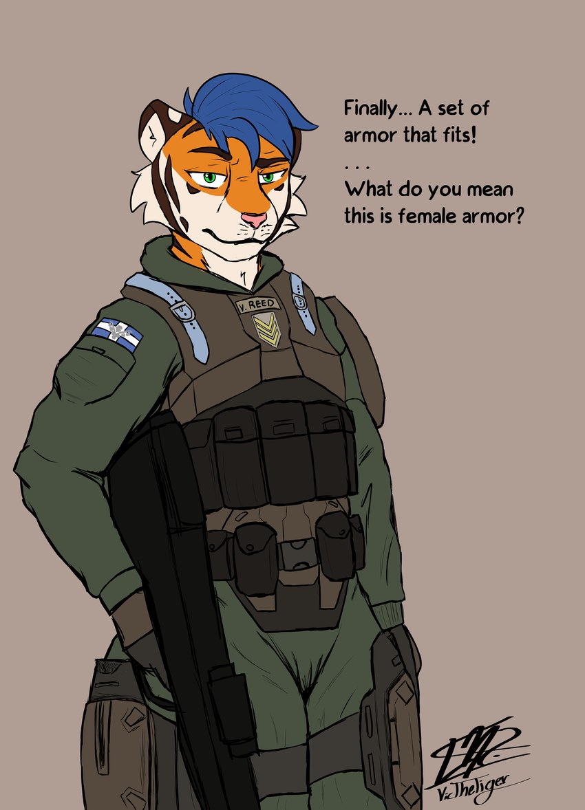 anthro armor blue_hair clothed clothing dialogue femboy fully_clothed fur gun hair holding_gun holding_object holding_ranged_weapon holding_weapon male misriah_armory ranged_weapon solo standing talking_to_viewer text three-quarter_view uniform weapon victhetiger halo_(series) microsoft xbox_game_studios victor_alice_reed felid feline mammal pantherine tiger absurd_res colored digital_media_(artwork) english_text hi_res portrait three-quarter_portrait