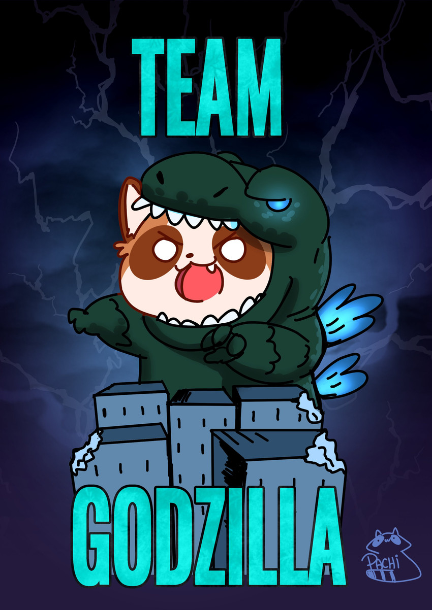 anthro biped brown_body brown_fur cosplay cute_fangs dot_eyes fangs fur solo teeth text pachi_mapache godzilla_(series) toho godzilla mammal procyonid raccoon 2021 absurd_res hi_res