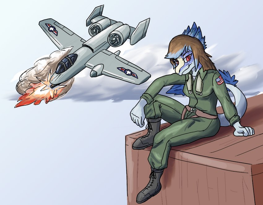 5_fingers a-10_thunderbolt_2 a-10_thunderbolt_ii aircraft airplane american_flag anthro blue_body blue_feathers blue_highlights blue_scales boots breasts brown_hair cannon clothed clothing cloud detailed_background emblem feathered_crest feathers female fingers flight_suit flightsuit footwear freckles gun gun_smoke hair head_crest highlights_(coloring) insignia jet jet_engine long_tail looking_at_viewer muzzle_flash narrowed_eyes non-mammal_breasts plantigrade ranged_weapon red_eyes scales shoes sitting sky smile smiling_at_viewer smoke snout solo tail tail_feathers united_states_of_america vehicle weapon napkinbot cavemanon_studios i_wani_hug_that_gator jenine_(iwhtg) dinosaur dromaeosaurid prehistoric_species reptile scalie theropod velociraptor colored