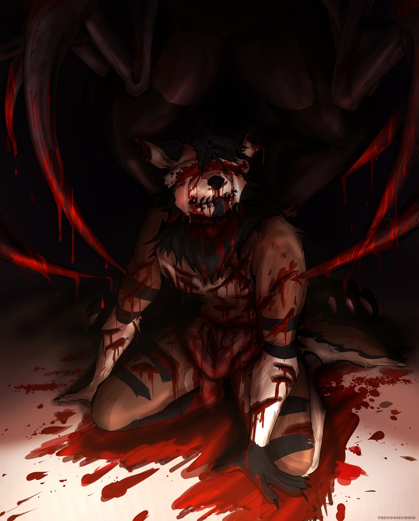 amputation anthro blindfold blood bodily_fluids claws crying demonic demonic_eyes dripping_blood exposed_guts fangs fur gore gore_focus grey_body grey_fur horn laceration male sacrifice sewn_mouth sitting sitting_on_ground tears teeth torture violence wounded unknown_artist myth_(mythdawuff) canid canine canis demon dire_wolf mammal prehistoric_species wolf wolf_demon absurd_res hi_res