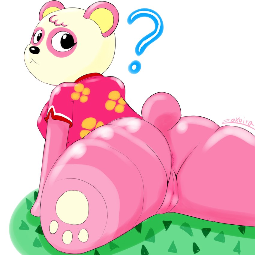 anthro anus breasts butt clothed clothing female genitals panda_tail partially_clothed paws pink_body pink_clothing presenting presenting_pussy pussy question_mark slightly_chubby slightly_chubby_female solo thick_thighs zokoira animal_crossing nintendo pinky_(animal_crossing) bear giant_panda mammal 1:1 hi_res