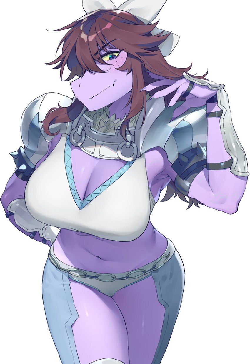 anthro armband armor big_breasts bikini_armor bracers breasts brown_hair camel_toe cleavage clothed clothing cosplay crossover_cosplay female freckles hair midriff purple_body simple_background skimpy solo spiked_armband spikes unconvincing_armor white_background sskomu_(artist) deltarune fire_emblem_fates undertale_(series) charlotte_(fire_emblem) susie_(deltarune) reptile scalie crossover hi_res