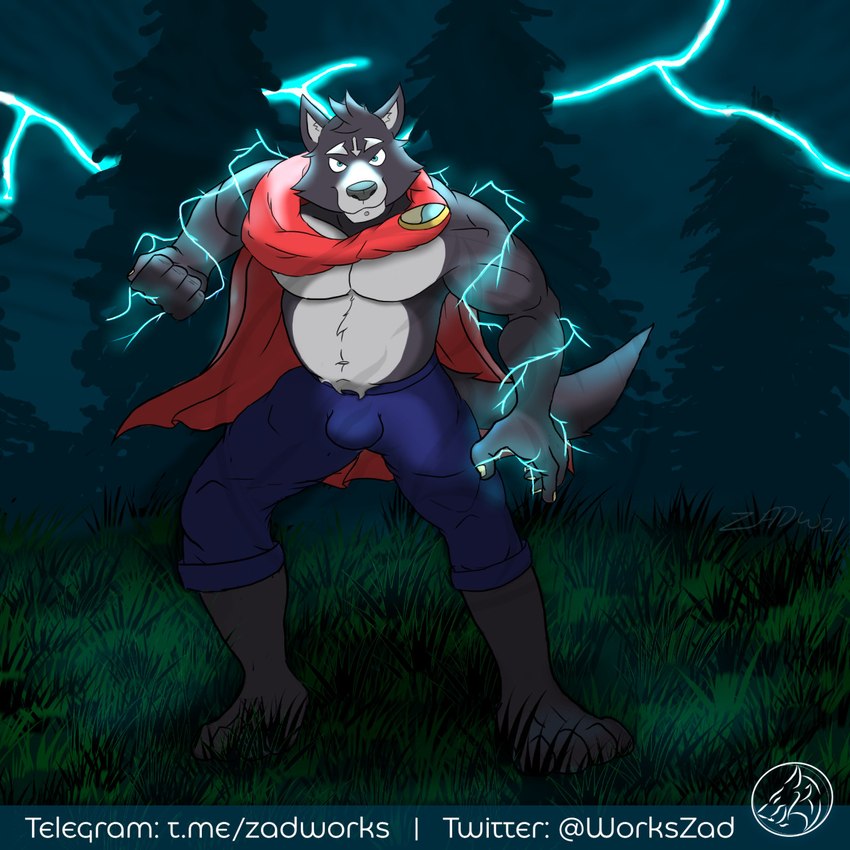 action_pose anthro blue_eyes brooch cape clothing electricity electricity_manipulation elemental_manipulation facial_piercing forest forest_background grass labret_piercing lightning lip_piercing magic magic_user male nature nature_background pecs piercing plant pose powers solo tree zadirewolf_(artist) adastra adastra_(series) echo_project amicus_(adastra) canid canine canis mammal wolf 1:1 hi_res