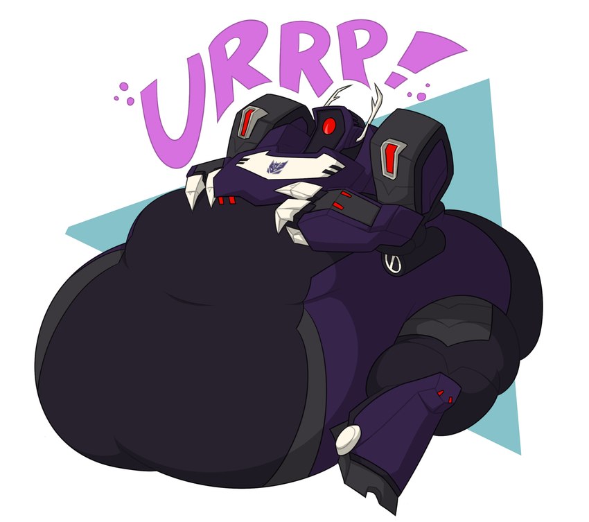 1_eye 2_fingers antlers belly belly_on_ground bent_arm big_belly black_body burping decepticon exclamation_point fingers horn huge_belly immobile machine male metallic_body morbidly_obese morbidly_obese_humanoid morbidly_obese_male multicolored_body not_furry obese obese_humanoid obese_male onomatopoeia overweight overweight_humanoid overweight_male purple_body red_eyes simple_background sitting solo sound_effects text thick_thighs white_antlers theannoyingnpc hasbro takara_tomy transformers shockwave_(transformer) cybertronian humanoid robot robot_humanoid 2022 colored digital_drawing_(artwork) digital_media_(artwork) hi_res shaded simple_shading