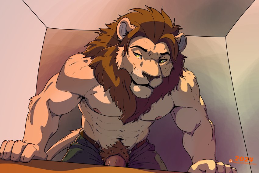 anthro body_hair clothed clothing erection fur furniture genitals hair happy_trail leaning leaning_forward looking_back male mane muscular muscular_male nipples penis pubes simple_background smile solo table tail franklyfurry felid lion mammal pantherine 2024 3:2 hi_res