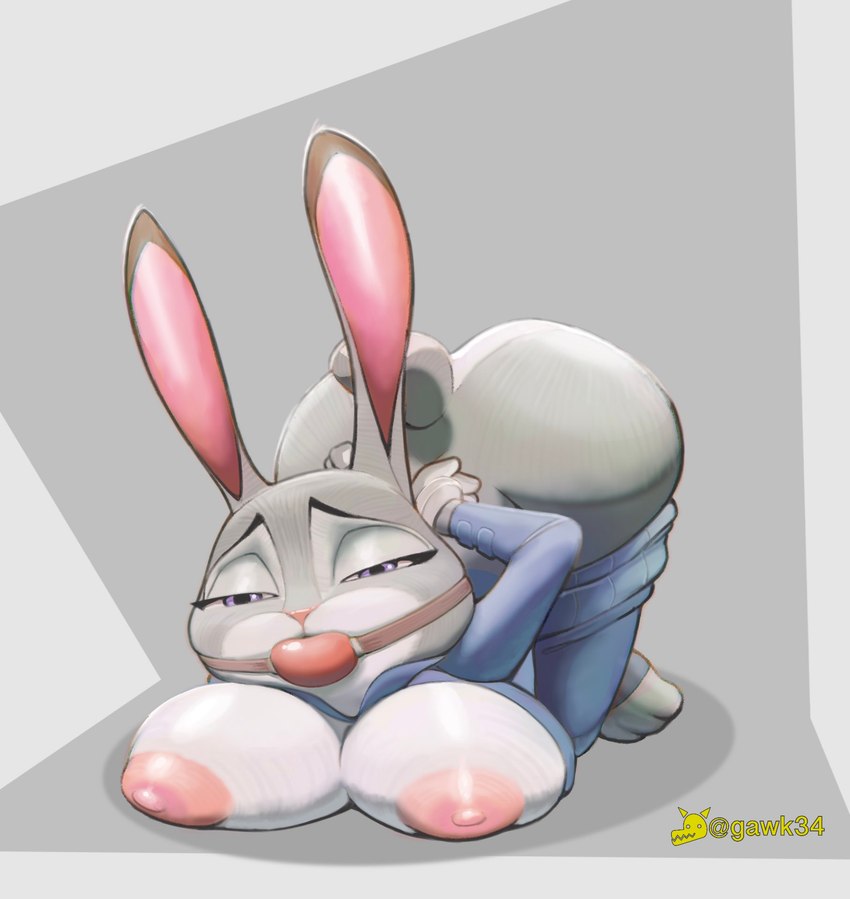 anthro arms_tied arms_tied_behind_back ball_gag bdsm big_breasts bound breasts butt clothing female fur gag grey_body grey_fur hands_behind_back looking_at_viewer nipples purple_eyes scut_tail short_tail solo tail gawk34 disney zootopia judy_hopps european_rabbit lagomorph leporid mammal oryctolagus rabbit 2024 artist_name hi_res