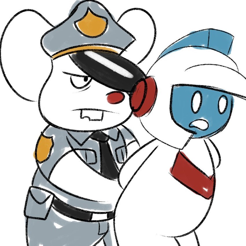 anthro armor bottomwear clothing duo hat headgear headwear helmet male necktie pants police police_hat red_nose shirt simple_background slightly_chubby topwear white_background white_body commander_star dig_dug mappy shiftylook mappy_(character) taizo_hori mammal mouse murid murine rodent 1:1 2018