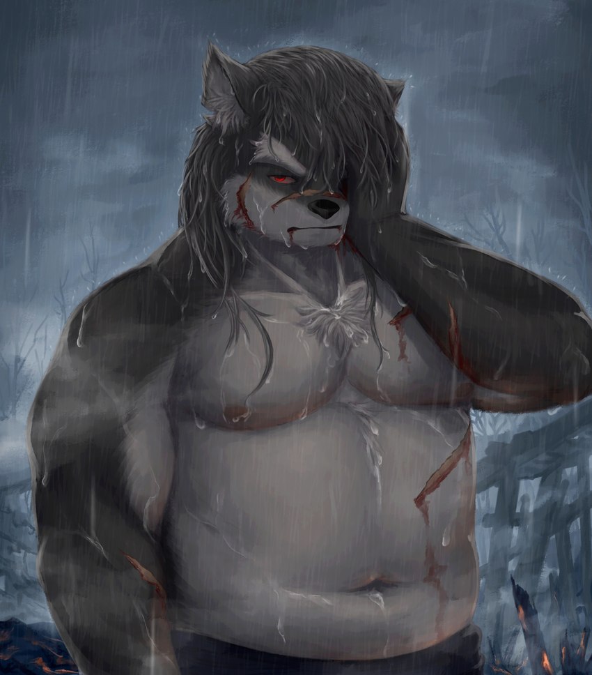 anthro belly blood bodily_fluids fur grey_body grey_fur hair hair_over_eye long_hair male musclegut muscular navel nipples one_eye_obstructed pecs raining scar shirtless solo wet guadr lifewonders tokyo_afterschool_summoners shino_(tas) canid canine canis domestic_dog mammal 2022 absurd_res hi_res