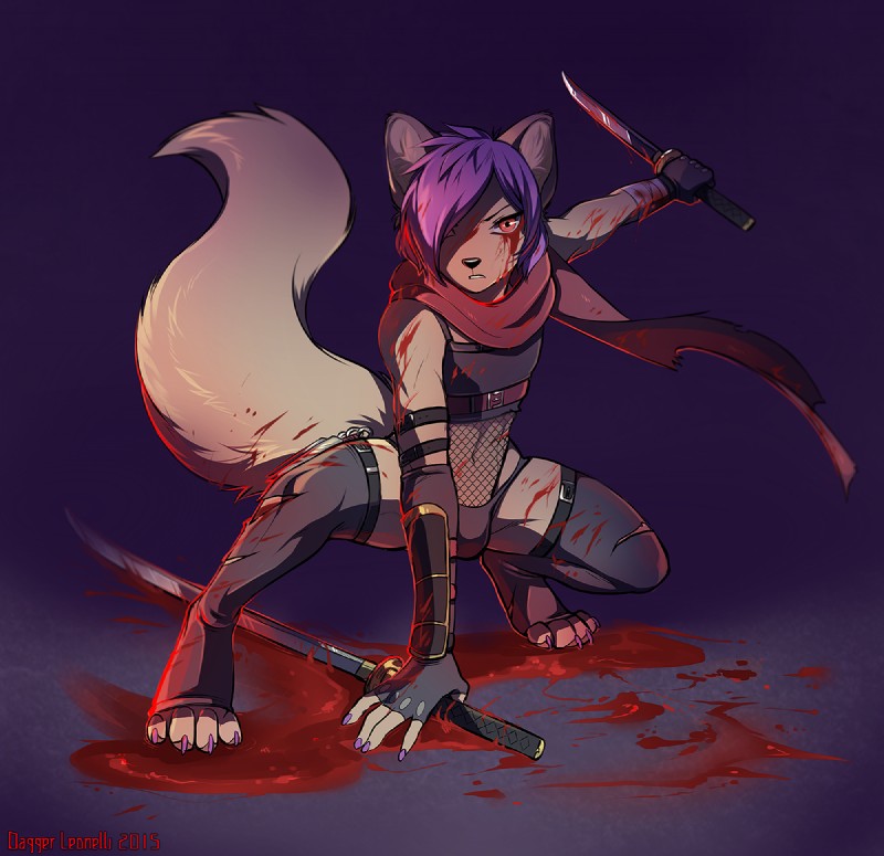 action_pose anthro armor bandage belt black_nose blade blood blood_splatter bodily_fluids brown_body brown_fur buckle bulge claws clothed clothing colored_nails crouching femboy fishnet_clothing fur gloves gradient_background hair handwear japanese_sword katana kunai latex leather legwear looking_at_viewer male melee_weapon nails nihonto pose purple_hair red_eyes scarf simple_background solo straps sword thigh_highs weapon dagger_leonelli majime fenix-fox fenix_(fenix-fox) canid canine fox mammal 2015 pinup