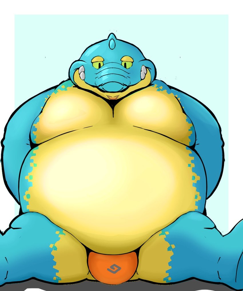 anthro belly blue_body bulge clothing fangs green_eyes male overweight overweight_male smile solo speedo spread_legs spreading swimwear teeth thick_thighs panthera7uncia lifewonders tokyo_afterschool_summoners makara_(tas) crocodile crocodilian reptile scalie 5:6 hi_res