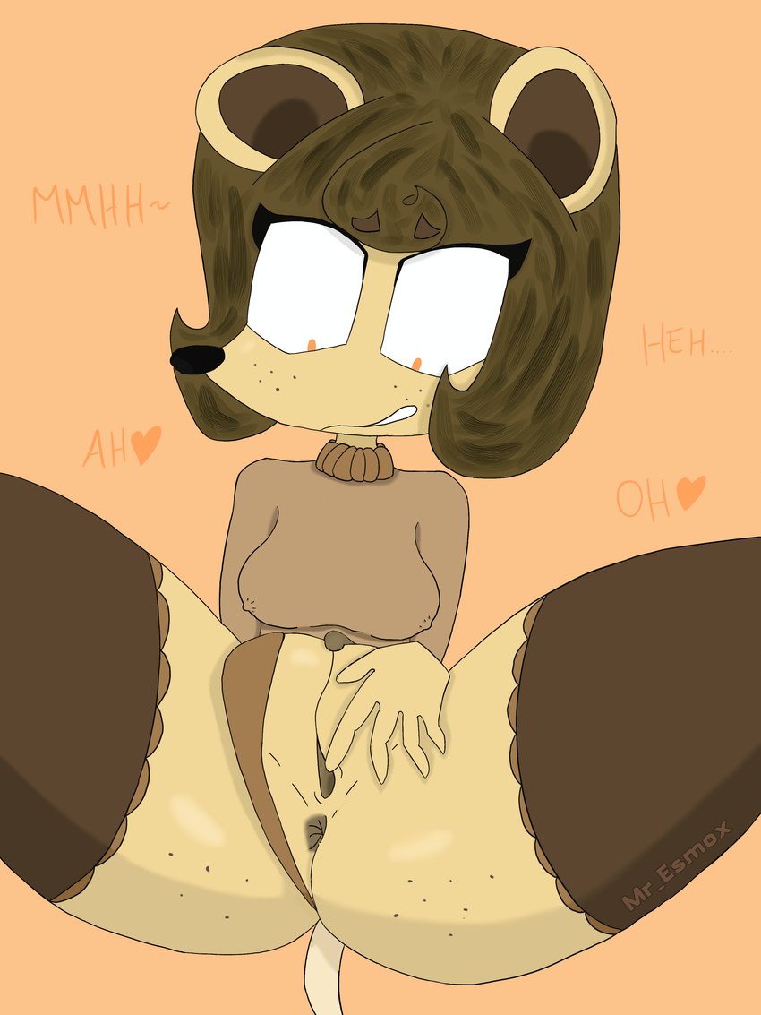 anthro anus aroused brown_clothing brown_hair brown_underwear butt clothing female footwear genitals hair masturbation presenting presenting_hindquarters pussy shirt simple_background smile socks solo tail text topwear underwear yellow_body mr_esmox fan_character susie_(mr_esmox) mammal mouse murid murine rodent 3:4 absurd_res hi_res