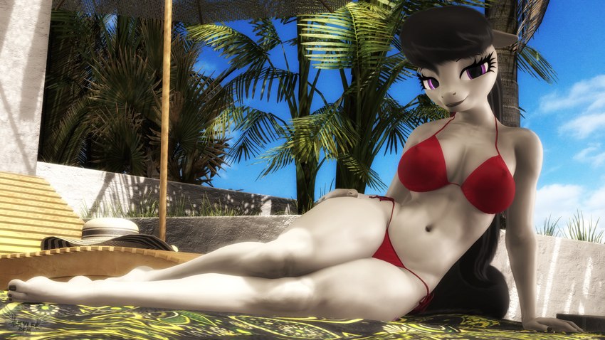 anthro anthrofied bikini black_hair breasts clothing female hair hand_on_hip looking_at_viewer navel nipple_outline outside pose red_bikini red_clothing red_swimwear solo swimwear two-piece_swimsuit skyleesfm friendship_is_magic hasbro my_little_pony octavia_(mlp) earth_pony equid equine horse mammal pony 16:9 3d_(artwork) 4k absurd_res digital_media_(artwork) hi_res widescreen