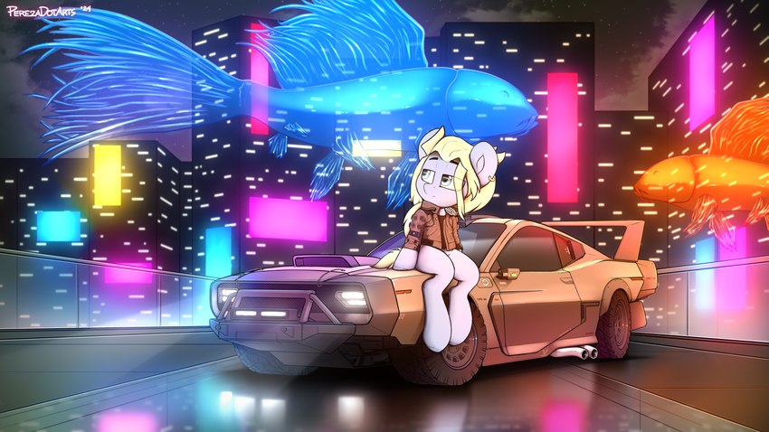 blonde_hair blue_eyes bottomless car city city_background cityscape clothed clothing cloud detailed_background ear_piercing ear_ring feral fur grey_body grey_fur hair headlight hologram hooves jacket jacket_only lights long_hair male neon_lights night piercing ring_piercing sitting_on_car solo tire topwear topwear_only vehicle perezadotarts cd_projekt_red cyberpunk_2077 hasbro my_little_pony fan_character earth_pony equid equine fish horse mammal marine pony absurd_res hi_res