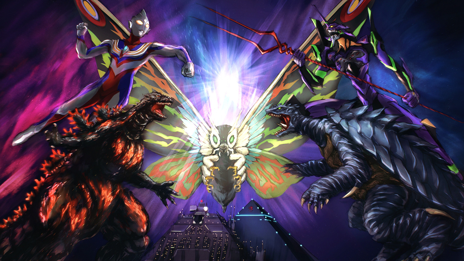 black_body feral fighting_pose grey_body group lance_of_longinus light male melee_weapon polearm pose pyramid roaring scales spear tail weapon wings yellow_eyes byneet gamera_(series) godzilla_(series) mothra_(series) neon_genesis_evangelion toho ultraman_(series) eva_unit_01 gamera_(character) godzilla mothra_leo ultraman_tiga alien arthropod butterfly dinosaur humanoid insect kaiju lepidopteran moth prehistoric_species reptile scalie turtle 16:9 hi_res widescreen
