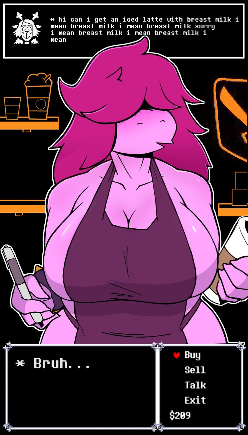 anthro anthro_focus antlers apron apron_only big_breasts blush breasts bruh cleavage clothed clothing container cup dialogue_box duo female female_focus hair hair_over_eyes holding_container holding_cup holding_object holding_pen horn huge_breasts mostly_nude non-mammal_breasts pen purple_hair repeated_text side_boob solo_focus text text_box wide_hips psychogoat deltarune i_mean_breast_milk undertale_(series) noelle_holiday susie_(deltarune) reptile scalie 2021 digital_media_(artwork) english_text hi_res meme shaded