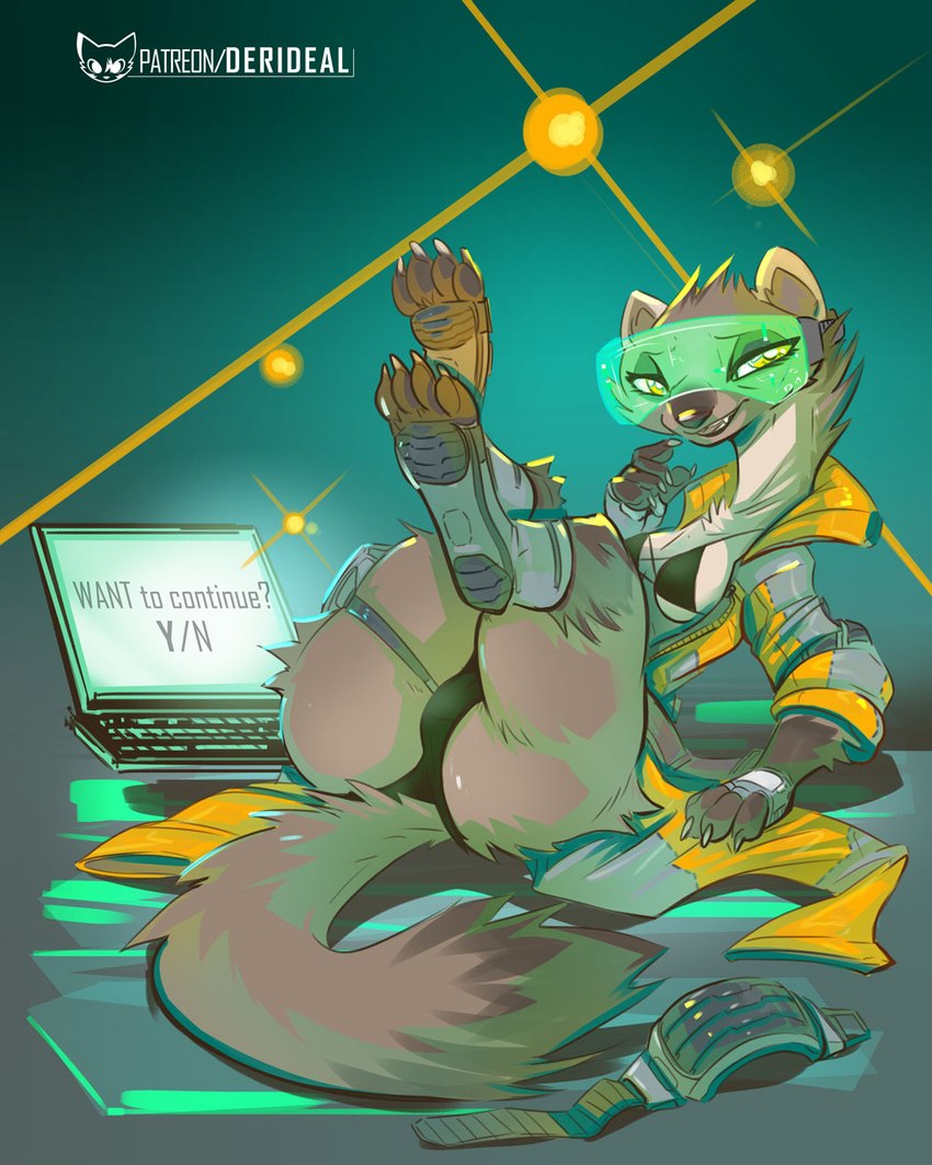 4_toes anthro black_nose butt claws clothed clothing coat computer electronics equipment eyewear feet female fluffy fluffy_tail footwear glasses goggles green_background jacket keyboard laptop lights looking_at_viewer lying on_back pawpads paws question_mark screen simple_background soles solo star symbol tail text toe_claws toeless_footwear toes topwear translucent underline undressing yellow_light yes-no_question kiaun derideal gulonine mammal marten mustelid musteline pine_marten 4:5 colored digital_drawing_(artwork) digital_media_(artwork) english_text hi_res portrait shaded signature url