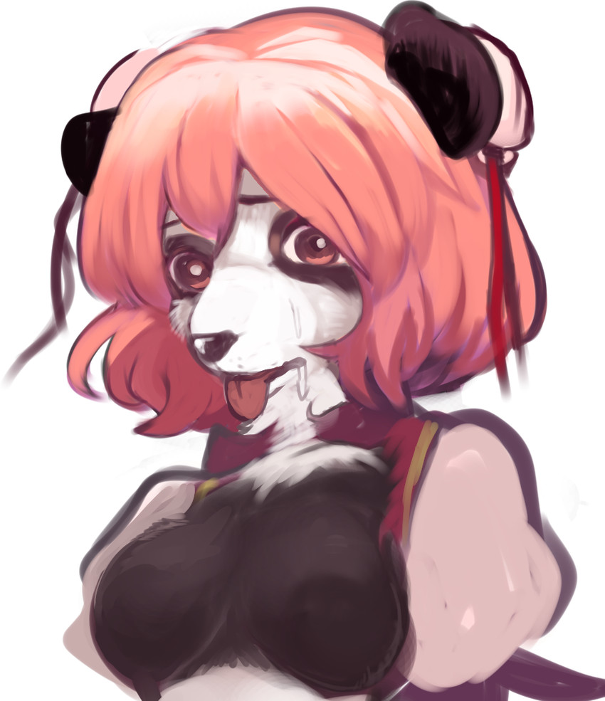 after_transformation anthro black_nose bodily_fluids breasts drooling female fur hair pink_hair saliva simple_background solo tongue tongue_out white_background white_body white_fur toribako touhou kasen_ibaraki bear giant_panda mammal 2018