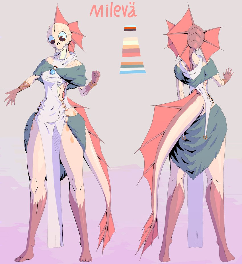 anthro big_eyes breasts brown_eyes clothed clothing dress ear_fins female fin gem gesture gills moss pearl_(gem) plant solo spines standing tail teeth wrappings yellow_body permaclot mileva_(permaclot) fish marine vesihiisi hi_res model_sheet shaded