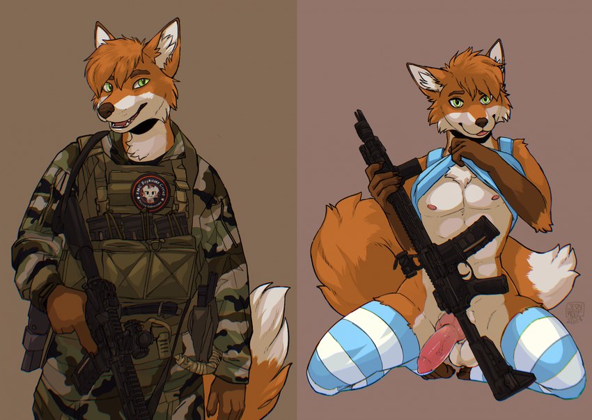 anatomically_correct anatomically_correct_genitalia anatomically_correct_penis animal_genitalia animal_penis anthro assault_rifle athletic athletic_male balls blep brown_nose bulletproof_vest camo camo_clothing camo_print canine_genitalia canine_penis cheek_tuft chest_tuft chromatic_aberration clothed clothing clothing_lift dipstick_ears dipstick_tail ear_markings erection facial_tuft femboy front_view fully_clothed genitals green_eyes gun hair holding_assault_rifle holster inner_ear_fluff kneeling knot legwear looking_at_viewer magazine_(gun) male male_anthro markings military military_uniform multicolored_ears nipples orange_hair patch_(fabric) pattern_clothing pattern_legwear pattern_thigh_highs penis pose ranged_weapon rifle scope seductive shirt shirt_lift short_hair soldier solo split_screen spread_legs spreading standing striped_clothing striped_legwear striped_thigh_highs stripes tail tail_markings thigh_highs tongue tongue_out topwear trigger_discipline tuft uniform warrior weapon jeanwoof boy_kisser_(meme) canid canine fox mammal 2024 hi_res meme