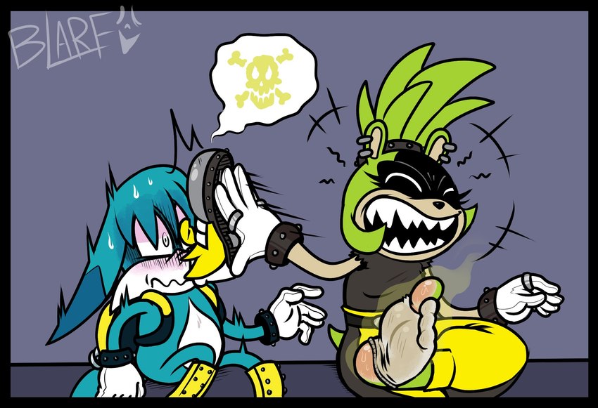 anthro black_border blue_body border bullying clothing ear_piercing feet female footwear gloves green_body handwear male piercing sharp_teeth smelly smelly_feet socks teeth blarf022 idw_publishing sega sonic_the_hedgehog_(comics) sonic_the_hedgehog_(idw) sonic_the_hedgehog_(series) kitsunami_the_fennec surge_the_tenrec afrosoricid canid canine fennec_fox fox mammal tenrec true_fox 2022 hi_res