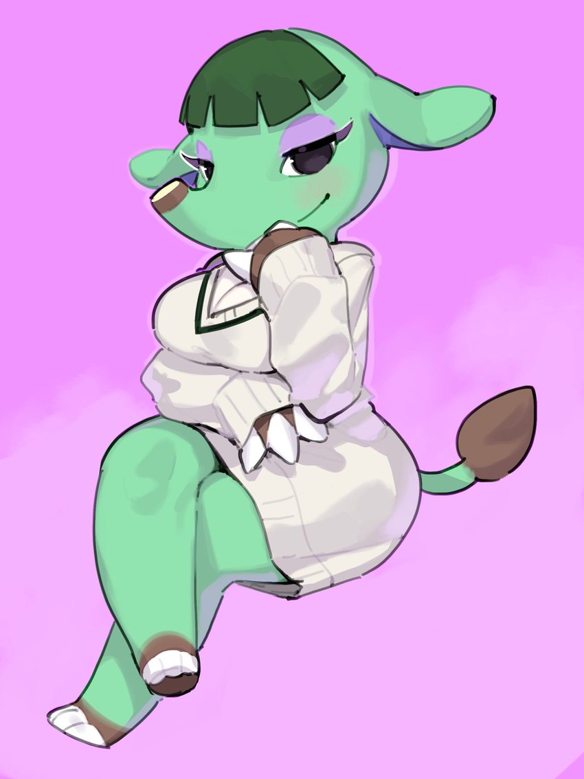 3_toes anthro clothing dress eyelashes feet female green_body green_hair hair looking_at_viewer simple_background solo toes white_clothing kame_3 animal_crossing nintendo opal_(animal_crossing) elephant elephantid mammal proboscidean hi_res